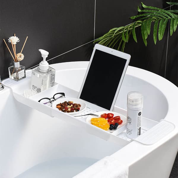 Badekarbrett Stabil Plassering Utvidbart Plastmateriale Dreneringsdesign Badekar Caddy Badekarbord for Bad Hvit