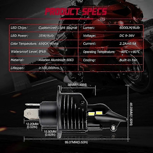 Motorcykelstrålkastare H4 LED 6000LM 6500K Motorcykellampa 35W Supervit Moped Scooter Utomhusbelysning Hi-Lo-ljus