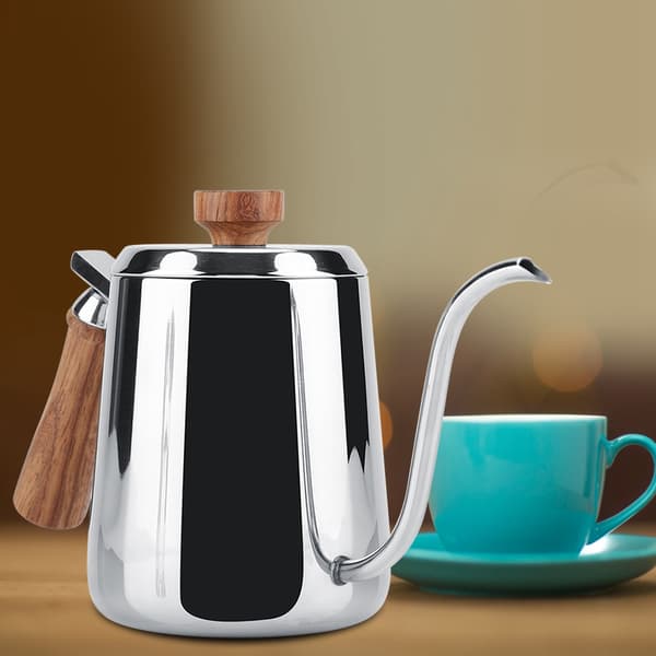 Kaffekande i 304 rustfrit stål med træhåndtag og lang svanehalstud (600 ml)