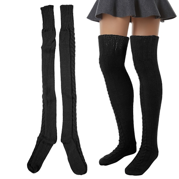 Kabelstrikk Varm Ben Tube Warmers Strømper Vinter Ben Tube Lår Høy Boot Socks svart