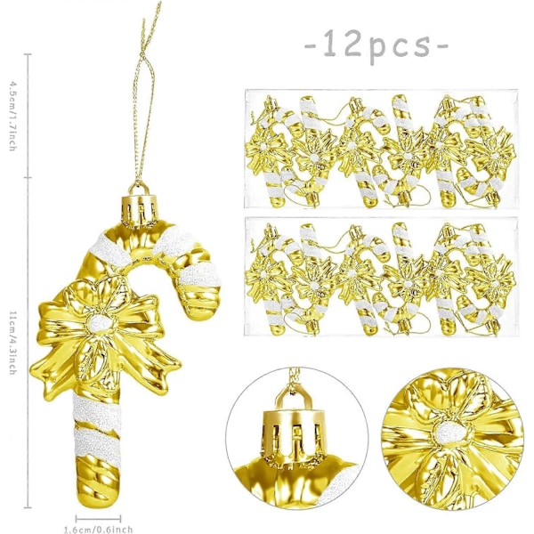 12 stk. Glitrende julekæppe 11 cm til juletræspynt Ornamenter Slikkestok Hængende Guld og Hvide Striber