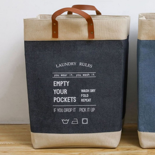 Klesvaskurv Handlepose i Jute Stor Kapasitet Skittentøy Oppbevaringskurv Bøtte for Hjem Mørk Denim