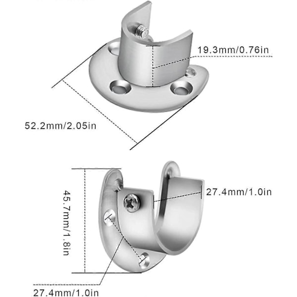 4 Pakning Flenskoblinger, 28mm U-formet med Skruer og Ekspansjonsrør for Garderobestenger, Klesstangbraketter (Sølv)