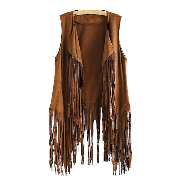Fringe-prydda 70-tals Hippie-jacka i konstläder, ärmlös, öppen framtill, khaki, 2XL