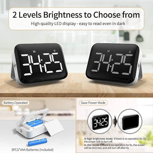 Magnetisk Digital Köktimer Batteridriven Stor Display Nedräkningstimer med Justerbar Ljusstyrka och Volymnivåer