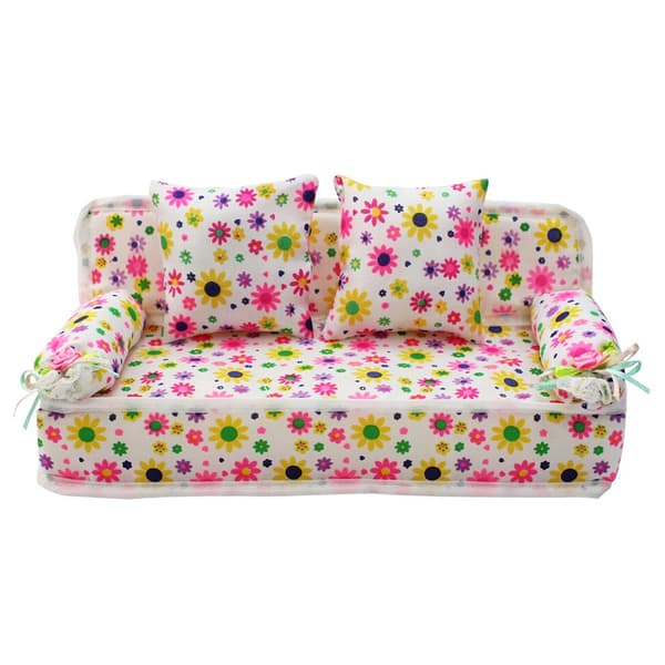 Miniature blomstersofa til børn, mini stofsofa med blomsterprint og puder, legetøj til dukkehusmøbler
