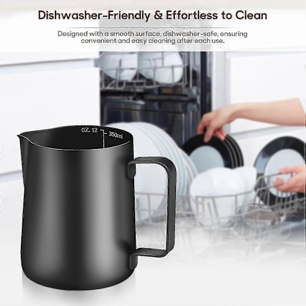 Sort Mælkekande Barista Kaffekande, Metalkande til Mælkeskumning, Rustfri Stål Mælkekande til kaffe - 350 ml (12 oz)_SZXM