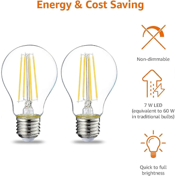 LED E27 Edison Skruvlampa, 4W Klar Filament, Varmvit, Ej Dimbar - 2-pack