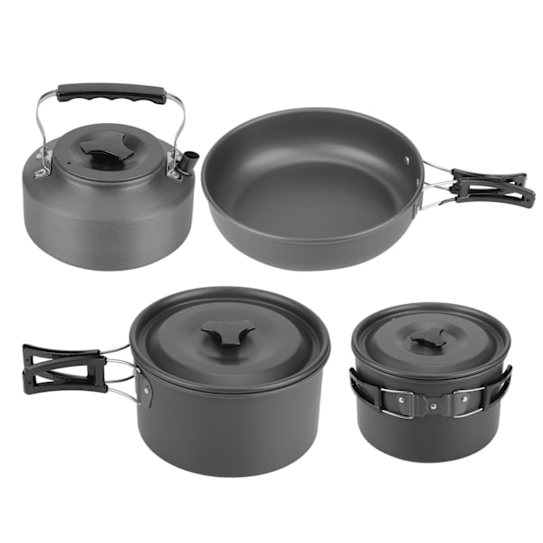 Camping-köksredskap i aluminiumlegering, gryta, tekanna, stekpanna, tallrik, skål, soppsked för utomhusresor