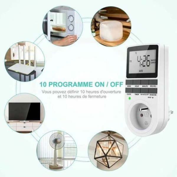 Digital Programmerbar Stikkontakt – 12H/24H Ugentlig Timer – LCD-skærm – Op til 10 ON/OFF-programmer – Energibesparende for apparater op til 3680W
