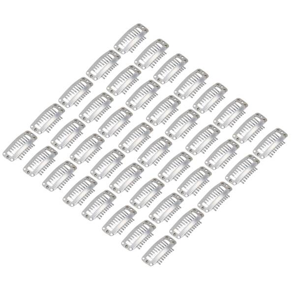 40 st Wig Clip Set Rostfritt Stål DIY 9 Tänder Snap Kam Hår Extensions Clips Tillbehör 1,3 tum Silver
