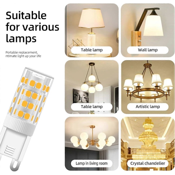 G9 LED-lampa 5W (5 st) motsvarar 40 watt halogen G9 3000K Varmvitt ljus 220V Flimmerfri Ej dimbar Lämplig för vardagsrum och sovrumsbelysning.