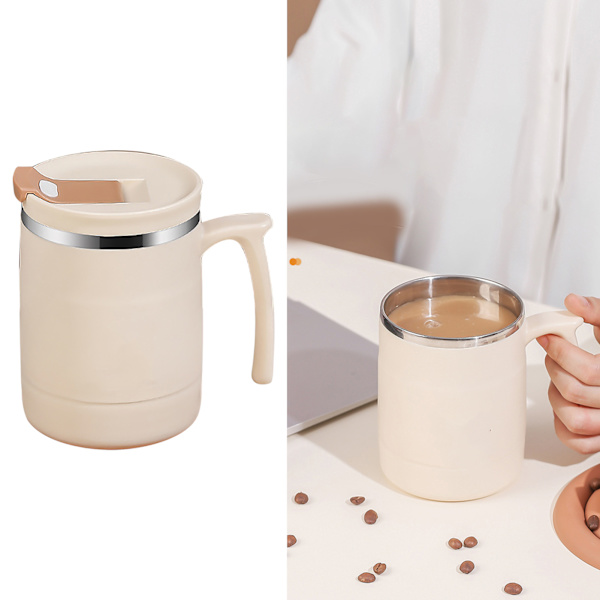 500 ml isolert kaffekopp med lokk, sammenleggbar skje, rustfritt stål, termokopp for te, varm kakao, kald drikke, beige