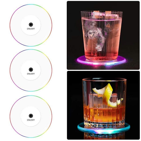 3 stk. LED lys coaster akryl krystal tynd kop cocktail glas bar bartender lysende coaster