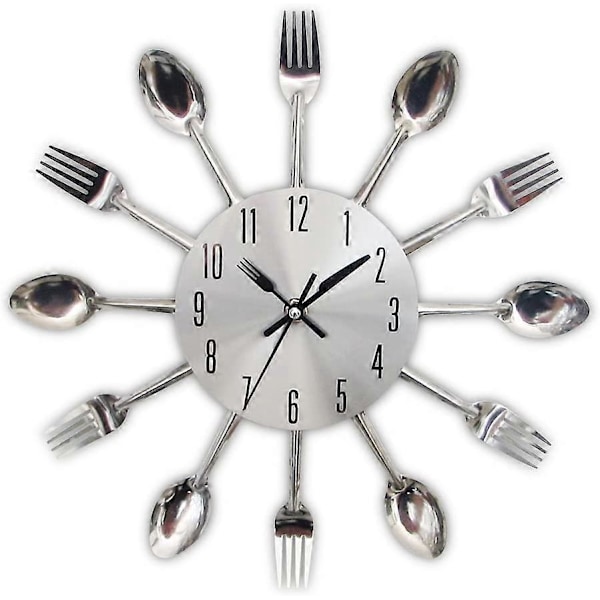 Kjøkkenklokke med speileffekt, skje, gaffel, 3D avtakbart klistremerke for hjemmedekorasjon 32 * 4CM Metallisk Sølv