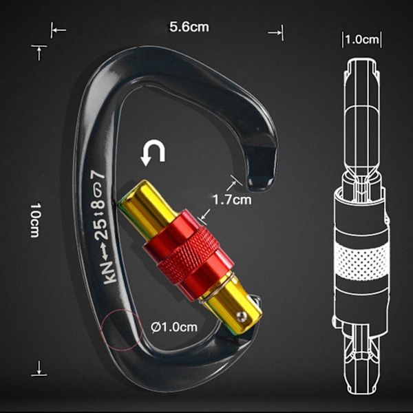 Aluminiums D-ring karabinkrok med lås for klatring og fjellklatring, svart