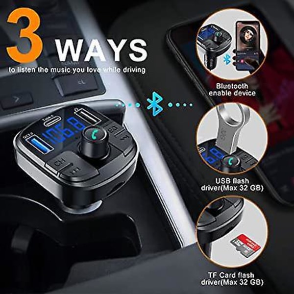 Bluetooth 5.0 FM Transmitter, Håndfri Bilsæt med QC3.0 USB-port, Bil o Adapter Understøtter MP3-afspiller U Disk TF-kort med Farverigt Lys