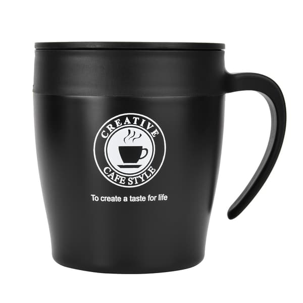 Isoleret kaffekrus i rustfrit stål med ske og låg til kontorrejser (sort)