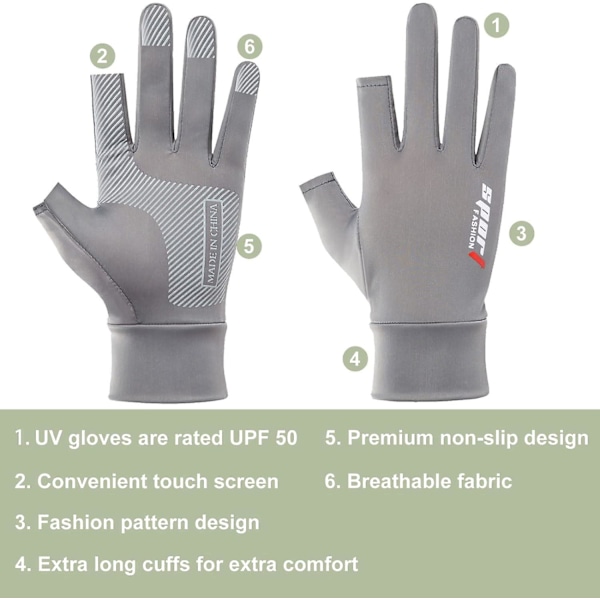 Fiskehandsker Mænd Kvinder UV Beskyttelse Kørehandsker UPF50+ Sol Vandring Anti-Slip Touch Screen Handsker til Kajak, Cykel, Padling, Kørsel, Kano
