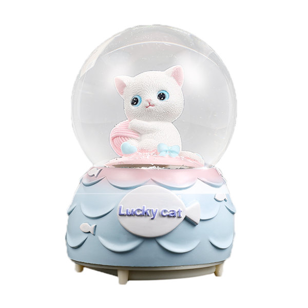 Snow Globe Resin Cat Kristall Snowball Hemdekoration med batteridrivet glittrande ljus och musik Vit katt