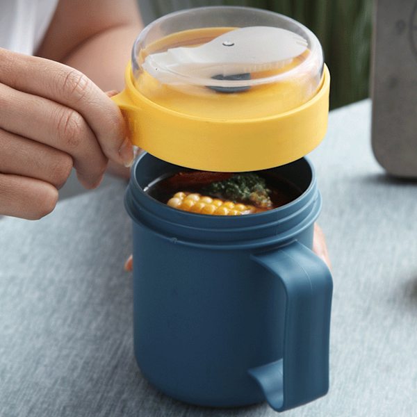 500ml Soup Cup Kannettavat kiinteät muovieristeiset keittoastiat kannella ja lusikalla toimistokouluun 500ml sininen
