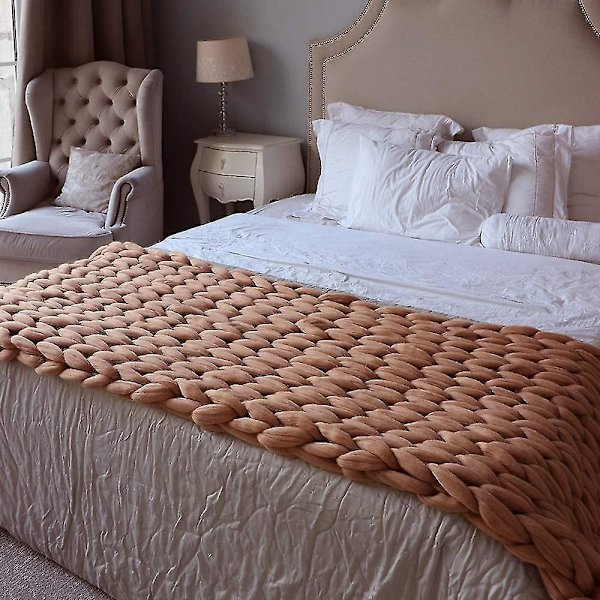 Tyk Merino Uld Strikket Tæppe - Boho Hjemmeindretning 100x130cm Brun