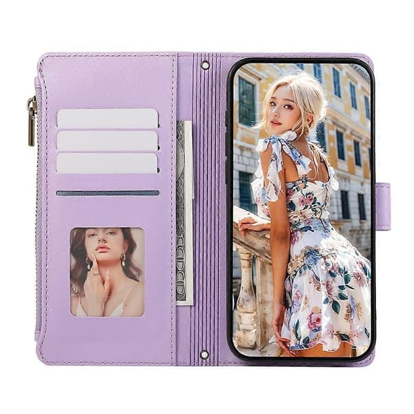 Compatible Case for Samsung Galaxy A56 5G, Multi-Slot, Zipper, Leather Case with Wrist Strap Purple