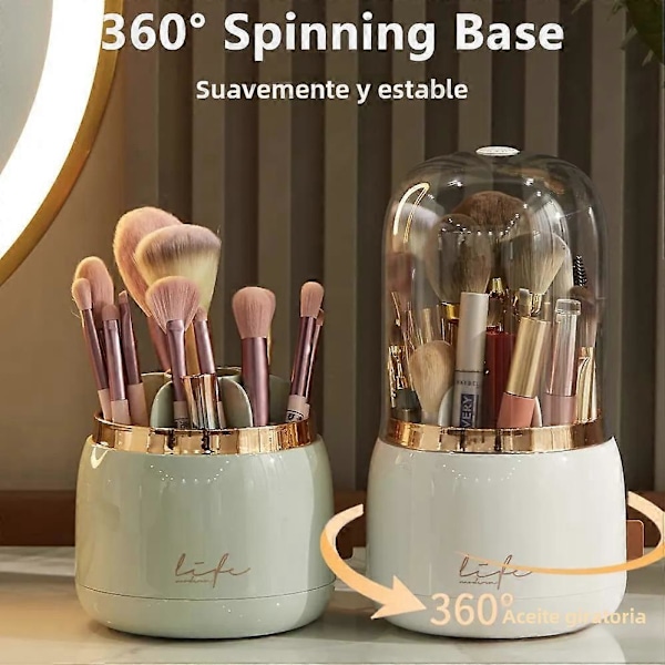 Makeup Børste Organizer med Låg, Roterende og Støvtæt Opbevaringsboks til Entré og Badeværelse 1 stk. Mørkegrøn