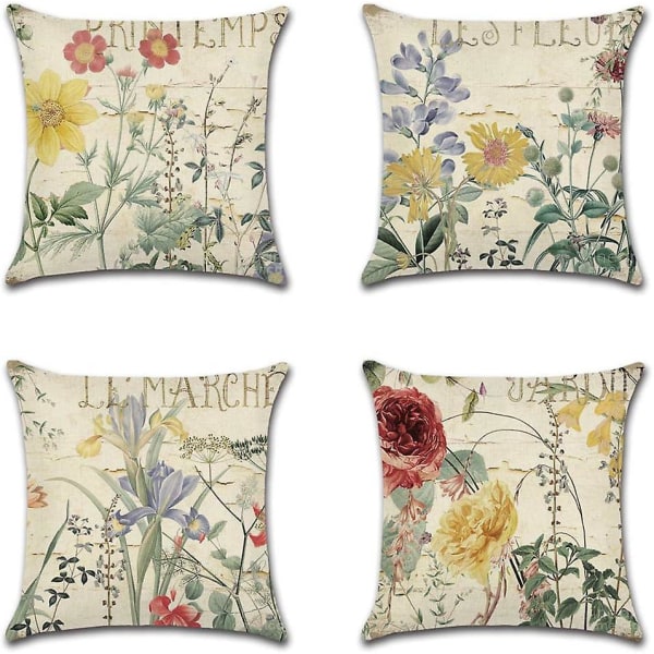 Set med 4 vintage linne blommönster örngott för europeisk stil säng ryggstöd