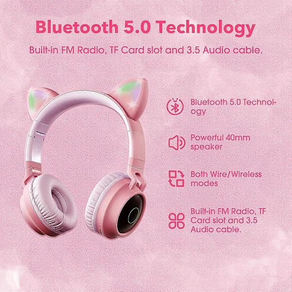 Söpöt kissankorva pelikuulokkeet, langattomat nappikuulokemalliset LED-stereo kuulokkeet, FM-radio TF-kortti Bluetooth-kuulokkeet mikrofonilla (pinkki)