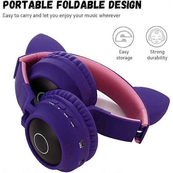Bluetooth 5.0 Kattöron Hörlurar Vikbara On-Ear Stereo Trådlöst Headset med Mikrofonkontroll
