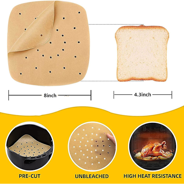 100 Arkia Ilmakypsenninpaperia, Neliömäiset Höyrypaperit, Rei'itetyt Ilmakypsennin Leivinpaperit, Kertakäyttöiset Vuoraukset Grillaukseen, Leivontaan, Höyryttämiseen, Friteerauslaitteeseen, 8 Tuumaa