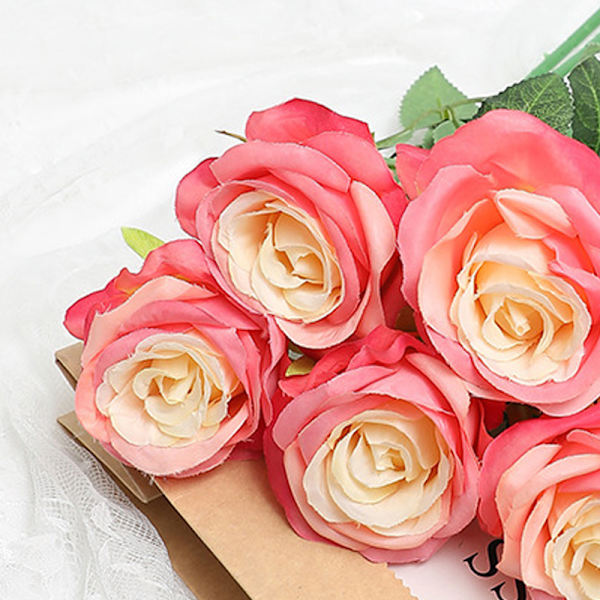 5 stk kunstige roser i sterke farger, langvarige, attraktive dekorative falske silkeblomsterdekorasjoner, rosa, gule