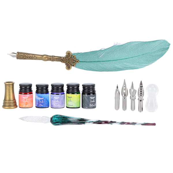 Kalligrafi Pen Set Glass Ink Feather Fountain Pen med utskiftbar spiss Skrive Gaveeske KitSP118043 Perlemor Mørkegrønn