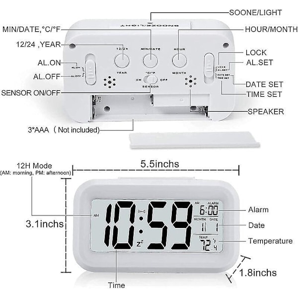 Digital Väckarklocka Morgonväckarklocka, Tyst Batteridriven Digital Väckarklocka för Barn Vuxna Stor LED-Display Temperatur Kalender (Vit)
