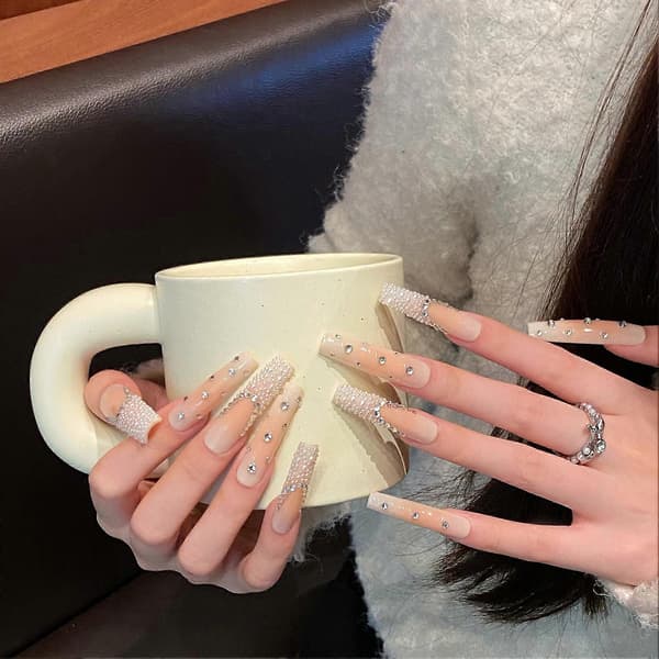 Nude Long False Nails with Lightning Rhinestones Long-lasting Safe Material Waterproof XS