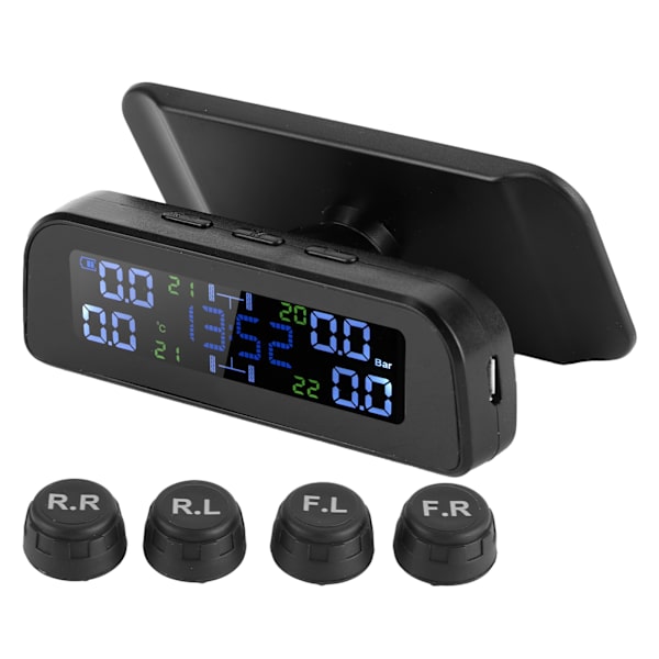 TPMS Däcktrycksövervakningssystem Solenergi och USB-laddning med 4 externa sensorer