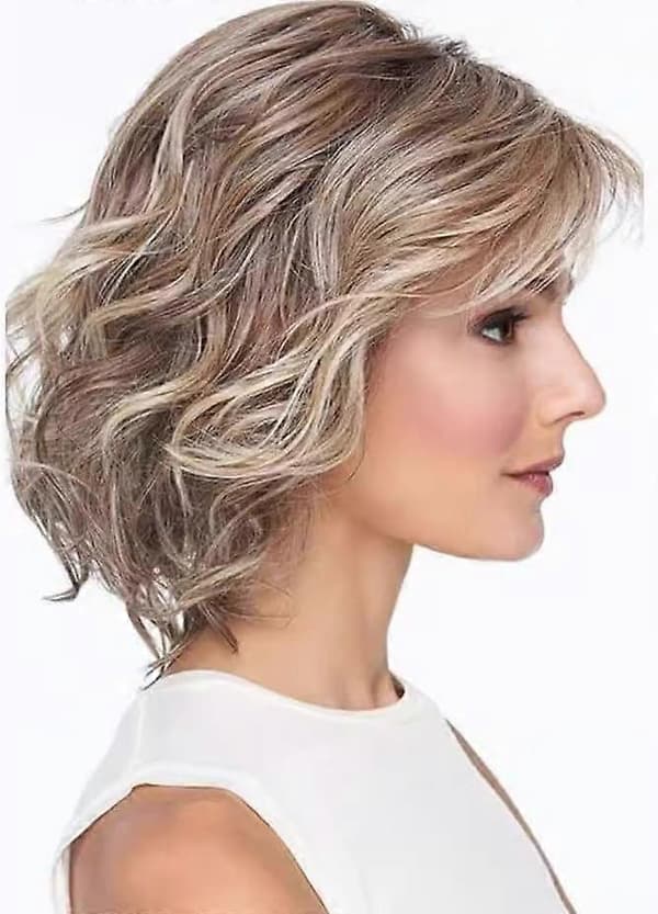 Short Ombre Blonde Curly Wig with Bangs for Women, Heat Resistant Synthetic Pixie Cut Wavy Style