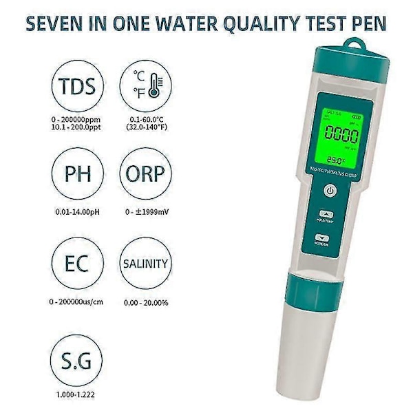 C-600 Vedenlaadun Testauslaite Juomavedelle - 7-in-1 pH/TDS/ORP/Suolapitoisuus/O.P./Lämpötilamittari