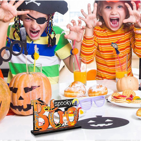 3 Happy Halloween Borddekorasjoner, Gresskar Bordpynt Boo Skilt Tre Candy Day for Halloween Fest Middag Kaffebord Topper Tier Tray Roo