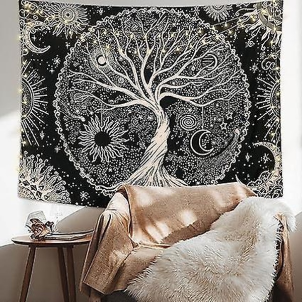 Livets Træ Tapet Måne og Sol Sort Psykedelisk Vægophæng Stjerne Mandala Hippie Vægdekoration til Soveværelse Kollegie Fest (150x200cm)