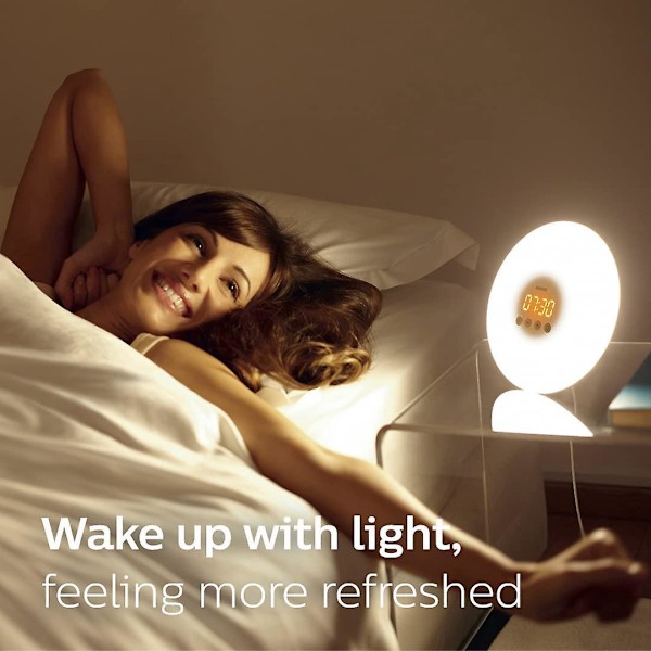 Solnedgångs väckarklocka med dubbla alarm, snooze-funktion, 7 färgade atmosfärslampor och inbyggd Bluetooth-högtalare