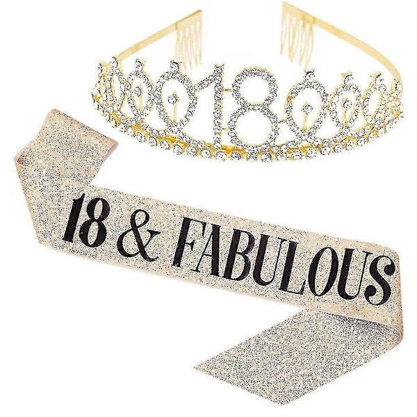 Kvinnor Glitter Strass Bokstavstryck Skärp Tiara Set Födelsedagsfest Tillbehör Zekai Gyllene 18 År