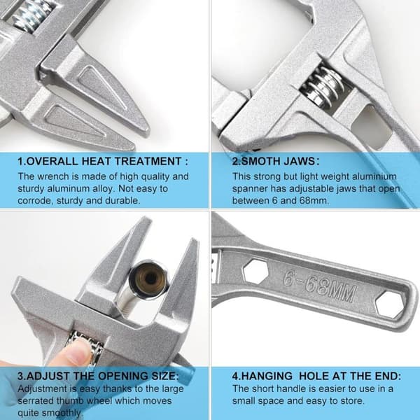 Adjustable Wrench 6-68mm Adjustable Wrench Short Handle Large Openings Ultra-thin and Lightweight Plumbing Tool Wrench White
