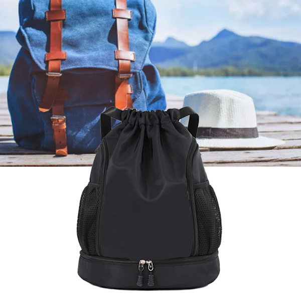 Snøresekk Sports Sekk Vanntett Oxford Stoff Rom Lommer Glidelås Gym Bag for Trening Øvelse Svart
