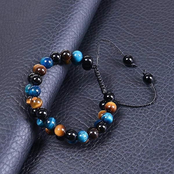 Naturligt Tigeröga Armband Herr 8mm Obsidian Armband Justerbart Dubbelt Lager Pärlarmband Lila Tigeröga+Svart Magnetit+Obsidian Armband