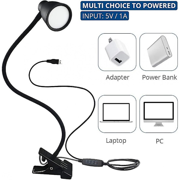 Pöytävalaisin klipsillä, 3 väriä, 5 säädettävää kirkkautta, USB-yöpöytävalaisin klipsillä, silmiä suojaava 360° joustava lukuvalo opiskeluun ja työhön