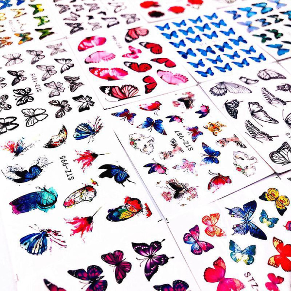 Fargerike Butterfly Nail Stickers Vannoverføringsdekaler for DIY-negler