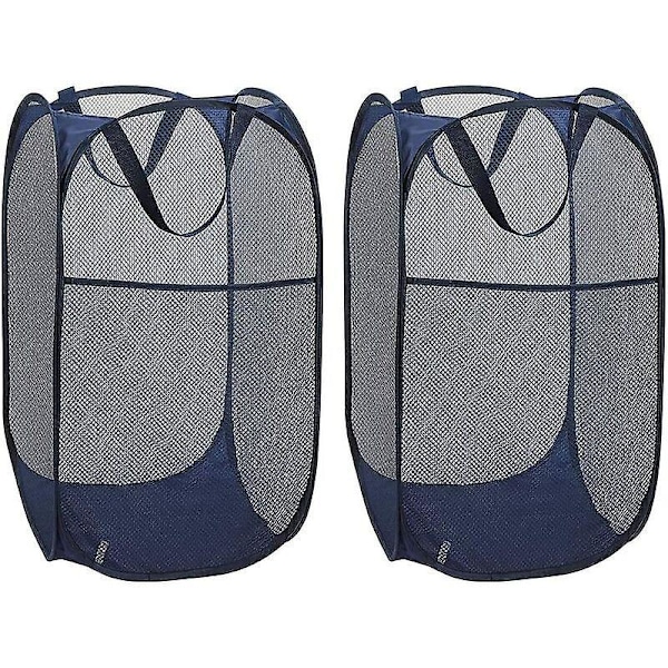 Tvättkorg [2-pack] Hopfällbar Pop Up Mesh Tvättkorg Tvättsäck Hopfällbar Tvättkorg med Handtag, Blå
