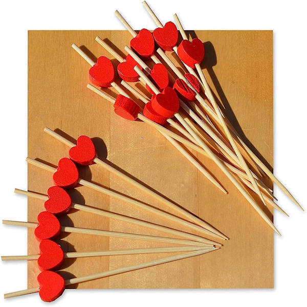 100 Bambus hjerteformede cocktailpinner, 12 cm, engangstre tannpirkere for matdekorasjon, cocktailglass, karneval, bursdagsfester